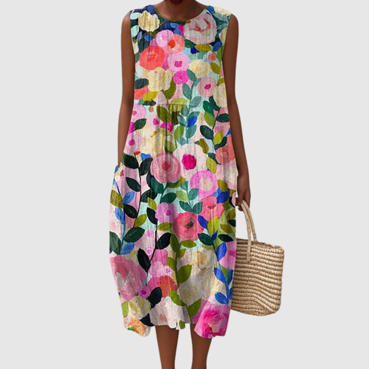 Hazel | Women's Floral Crew Neck Sleeveless Casual Midi Dress