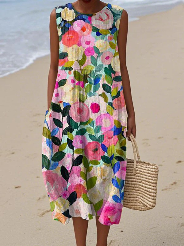 Hazel | Women's Floral Crew Neck Sleeveless Casual Midi Dress