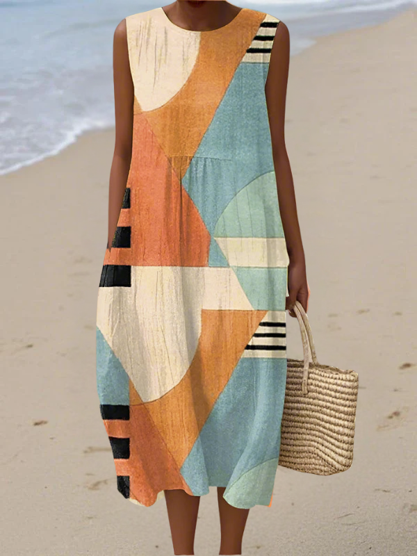 Selah | Women's Geometric Crew Neck Sleeveless Casual Midi Dress