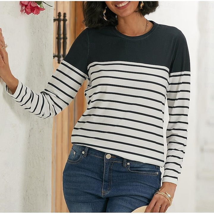 Striped Color Block Crew Neck Long Sleeve Casual Knit Tee Shirt Top