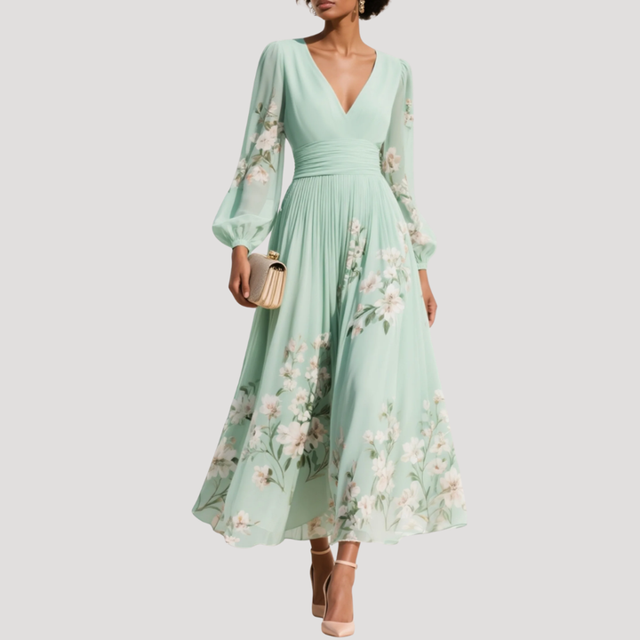 Eula | Women's Light Green Floral V Neck Balloon Sleeve Midi Dress