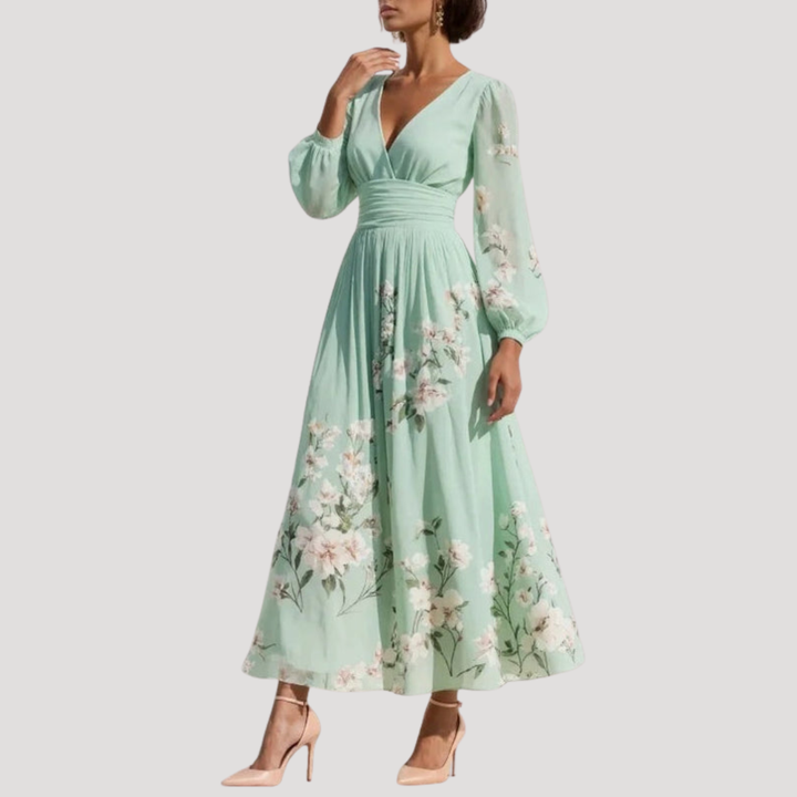 Eula | Women's Light Green Floral V Neck Balloon Sleeve Midi Dress