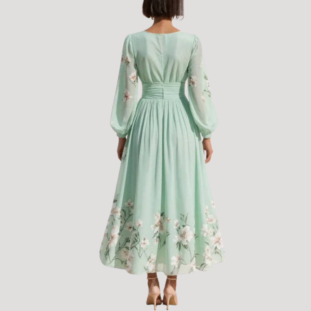 Eula | Women's Light Green Floral V Neck Balloon Sleeve Midi Dress