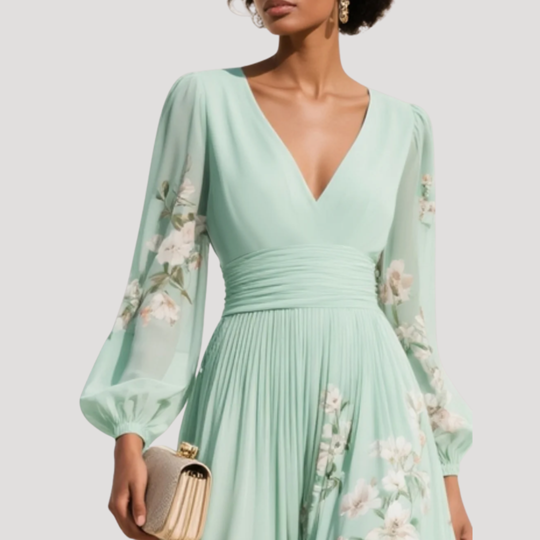 Eula | Women's Light Green Floral V Neck Balloon Sleeve Midi Dress
