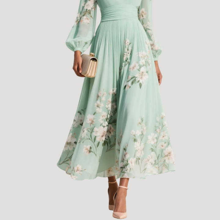 Eula | Women's Light Green Floral V Neck Balloon Sleeve Midi Dress