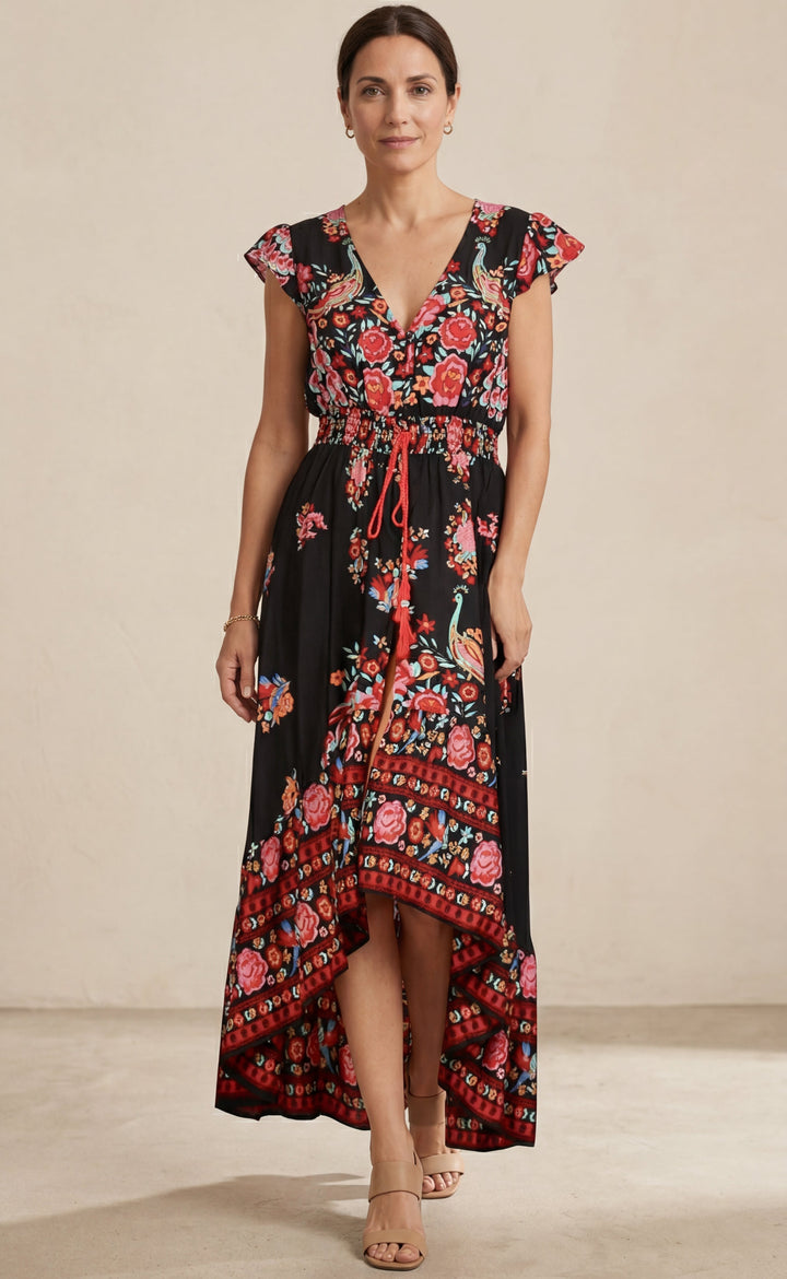 Riley | Women's Floral Plus Size Boho Print V Neck Flutter Sleeve Maxi Dress