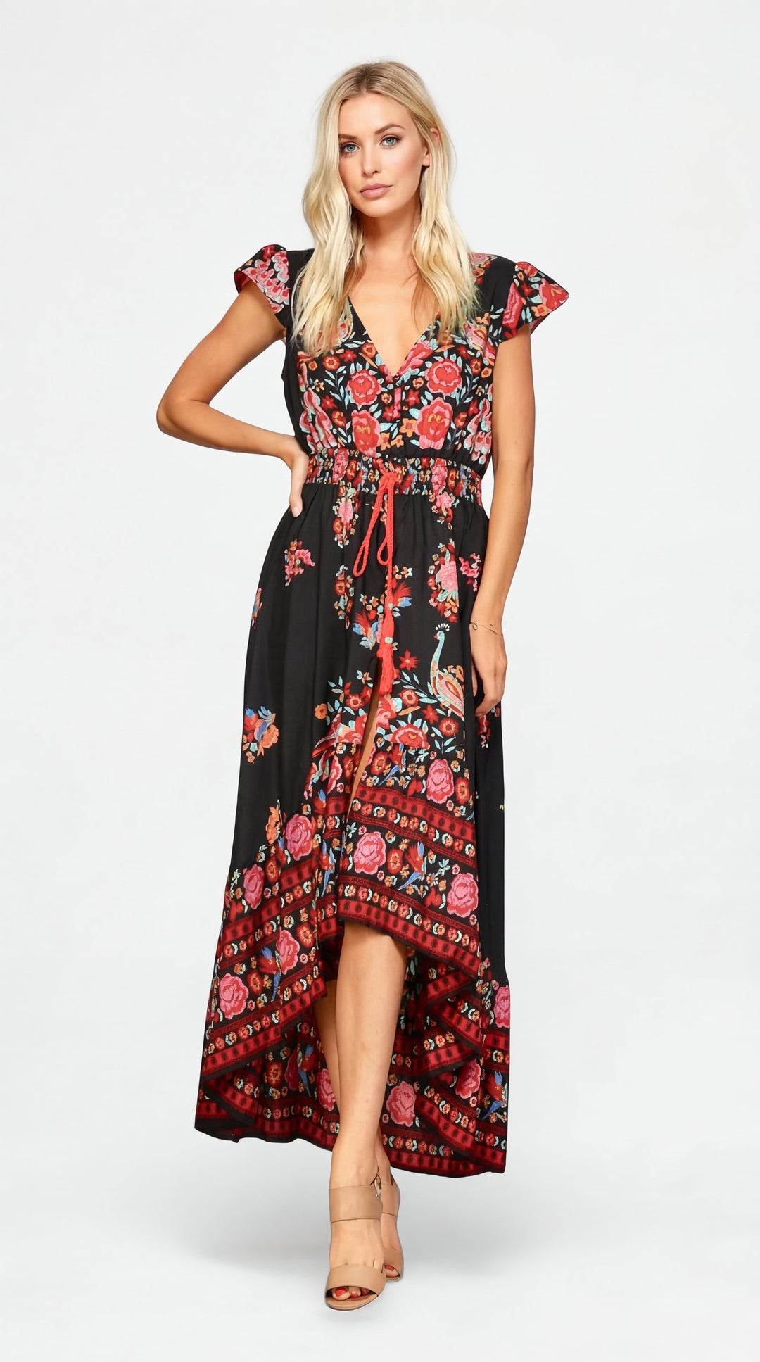 Riley | Women's Floral Plus Size Boho Print V Neck Flutter Sleeve Maxi Dress