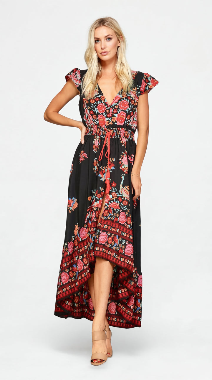 Riley | Women's Floral Plus Size Boho Print V Neck Flutter Sleeve Maxi Dress