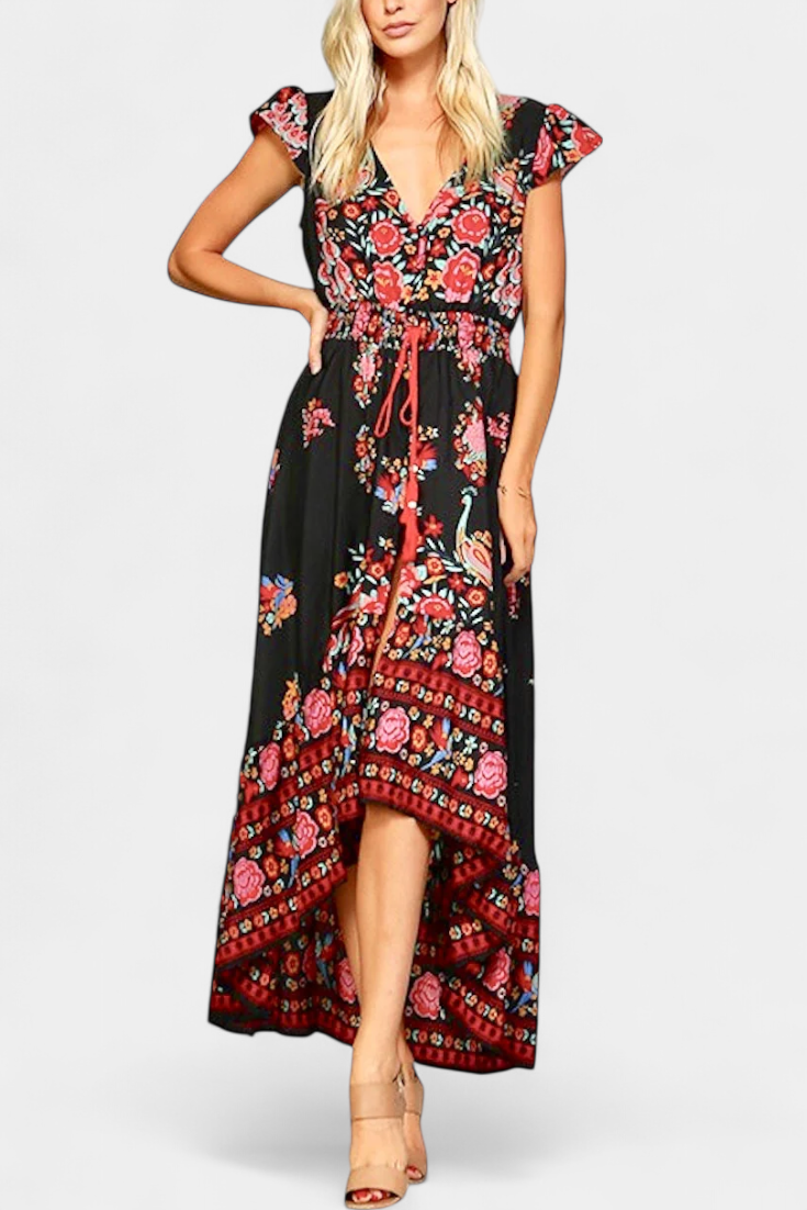 Riley | Women's Floral Plus Size Boho Print V Neck Flutter Sleeve Maxi Dress