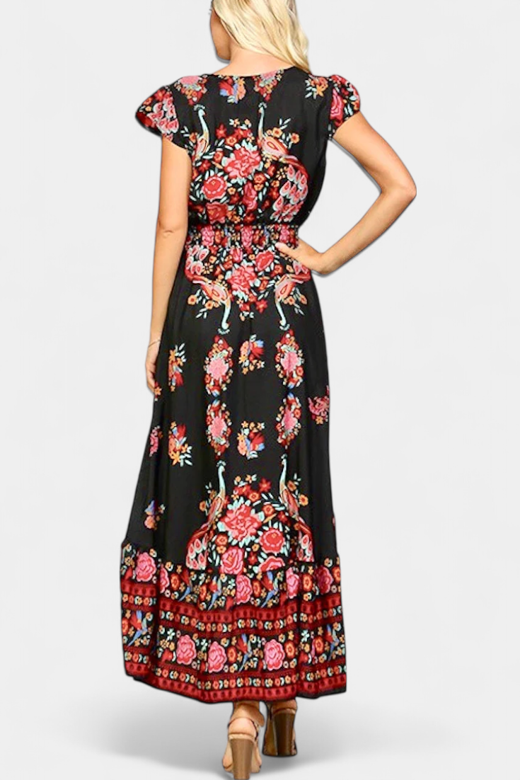 Riley | Women's Floral Plus Size Boho Print V Neck Flutter Sleeve Maxi Dress