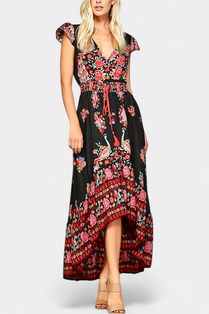 Riley | Women's Floral Plus Size Boho Print V Neck Flutter Sleeve Maxi Dress