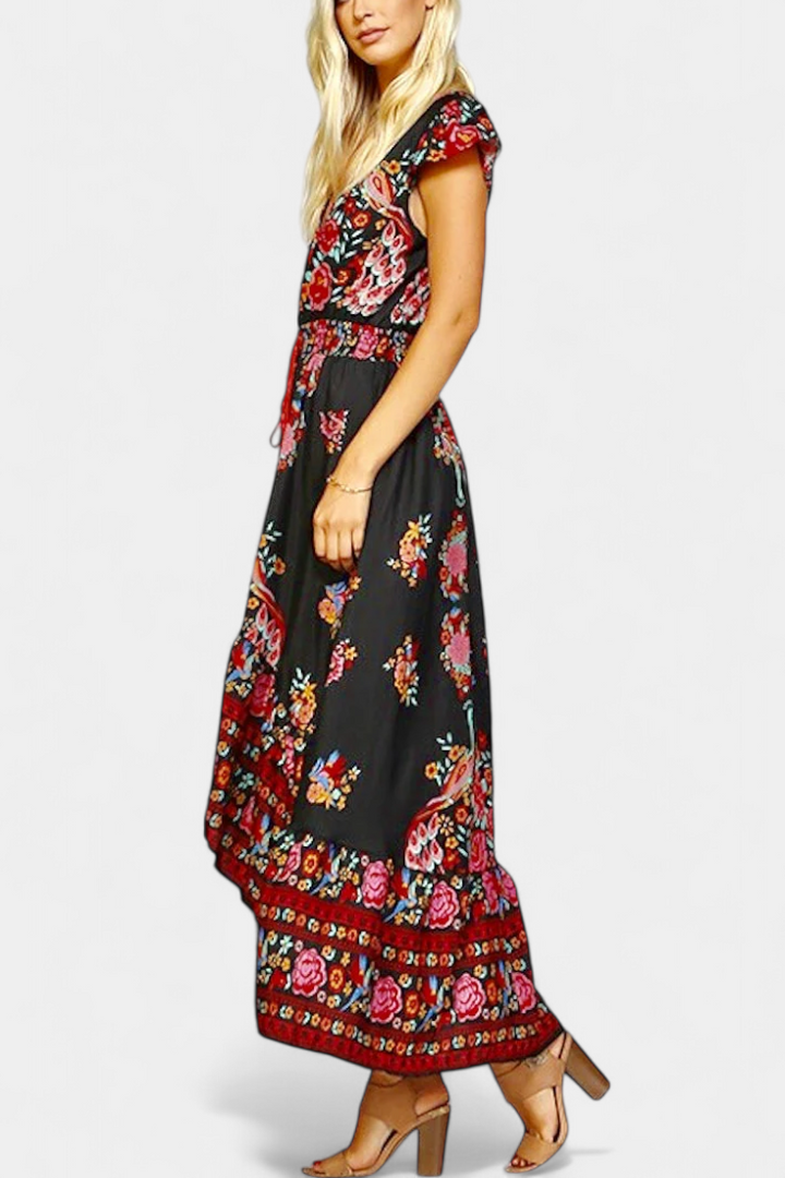 Riley | Women's Floral Plus Size Boho Print V Neck Flutter Sleeve Maxi Dress