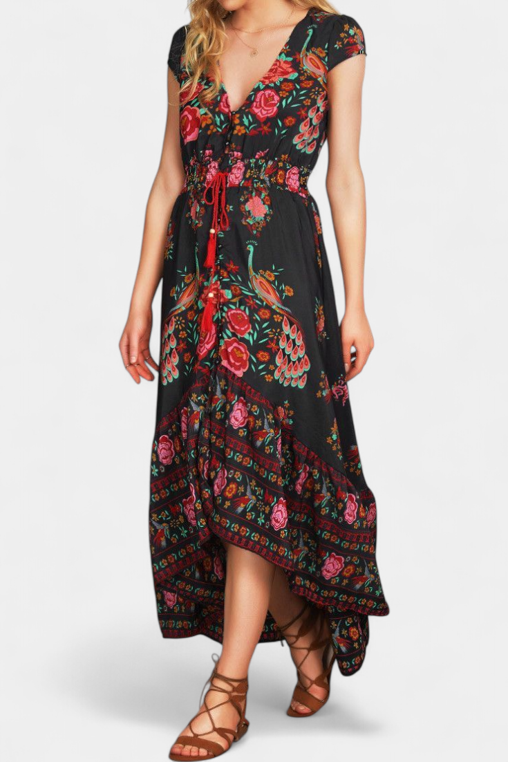 Riley | Women's Floral Plus Size Boho Print V Neck Flutter Sleeve Maxi Dress