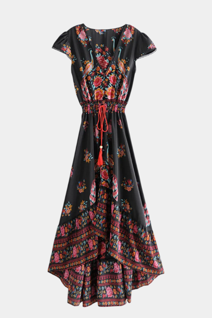 Riley | Women's Floral Plus Size Boho Print V Neck Flutter Sleeve Maxi Dress