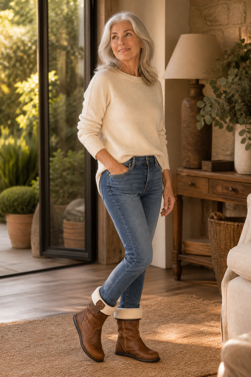 Brown Fleece Lined Buckle Strap Round Toe Winter Ankle Boots