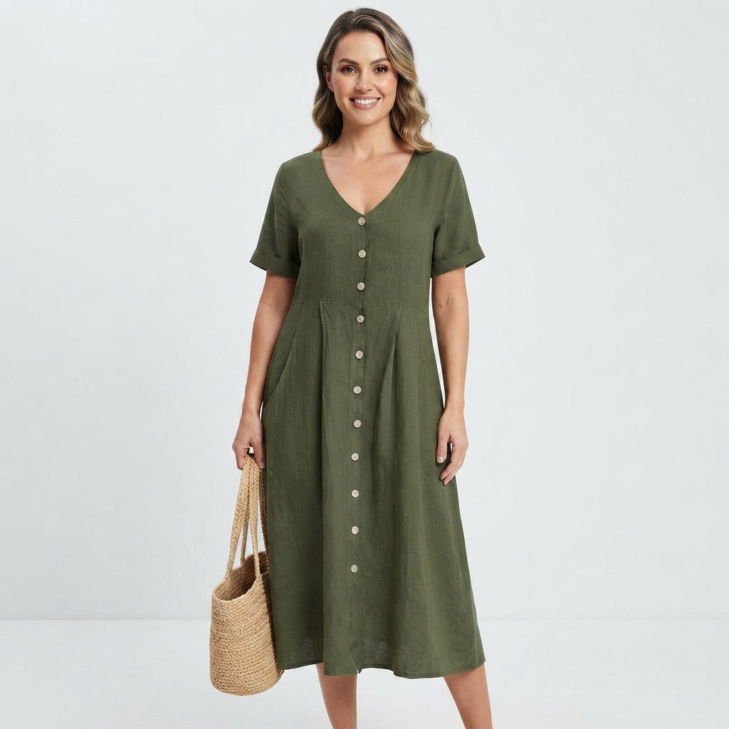 Nia | Women Button Front Short Sleeve Midi Dress