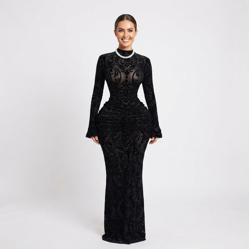 Gertrude | Women Velvet Flocked Formal Maxi Dress
