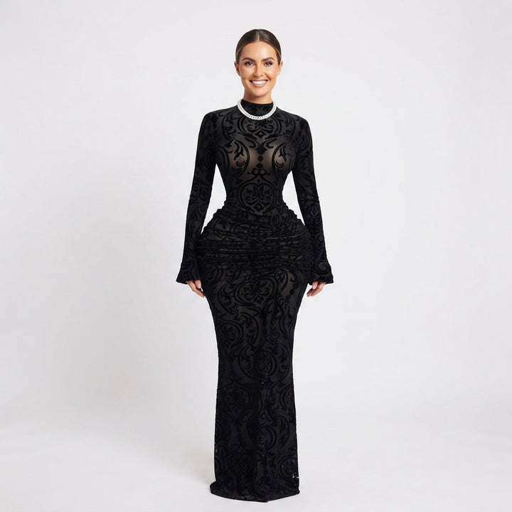 Gertrude | Women Velvet Flocked Formal Maxi Dress