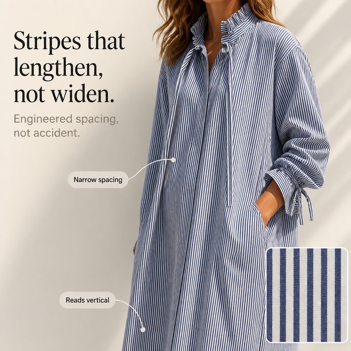 Daphne | Women's Blue Striped Ruffle Neck Long Sleeve Pocket Loose Casual Midi Dress
