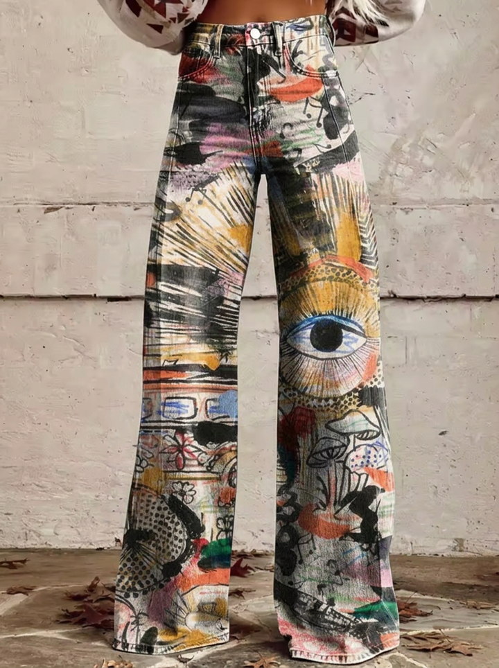 Elflaed | Women Eye Print Wide Leg Jeans