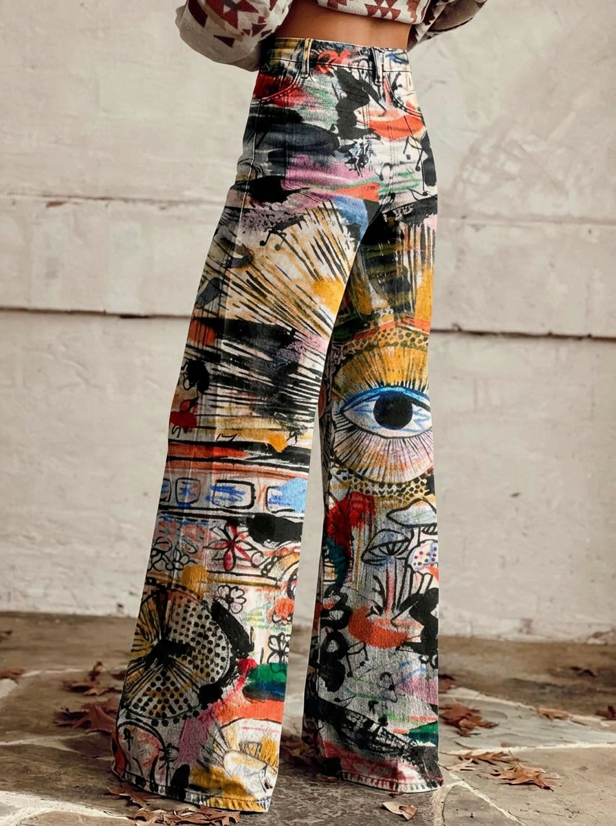 Elflaed | Women Eye Print Wide Leg Jeans