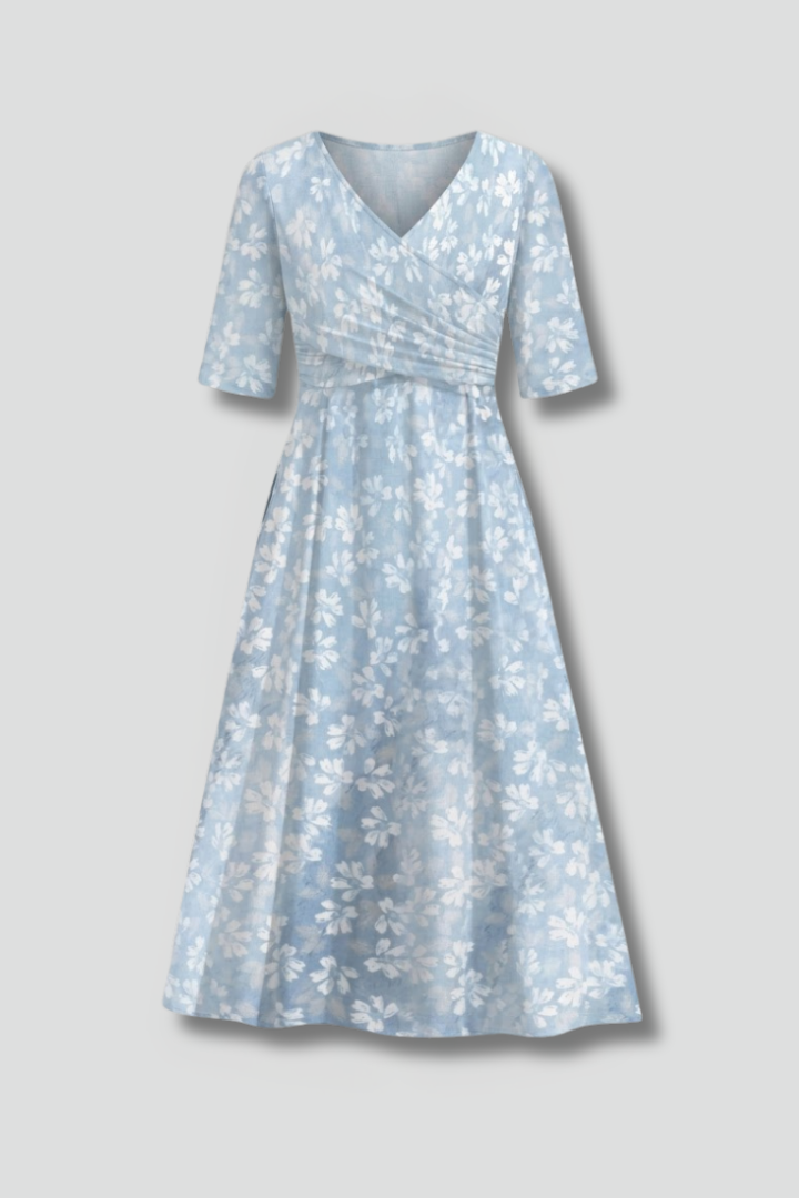 Ophira | Women's Blue Floral Wrap Long Sleeve Midi Dress