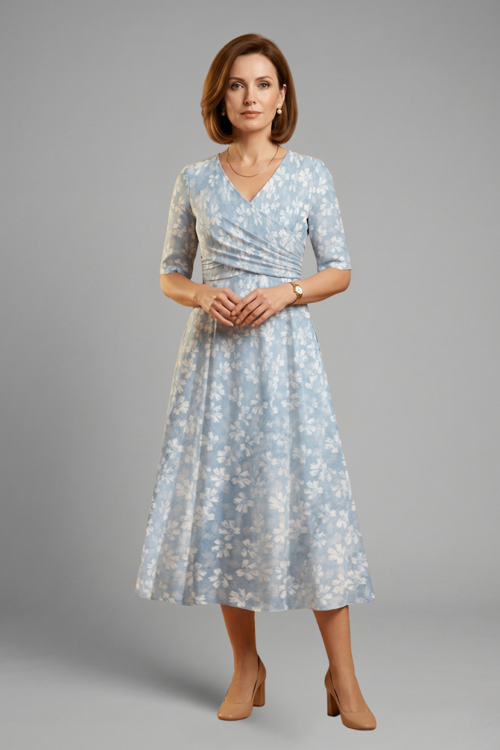 Ophira | Women's Blue Floral Wrap Long Sleeve Midi Dress