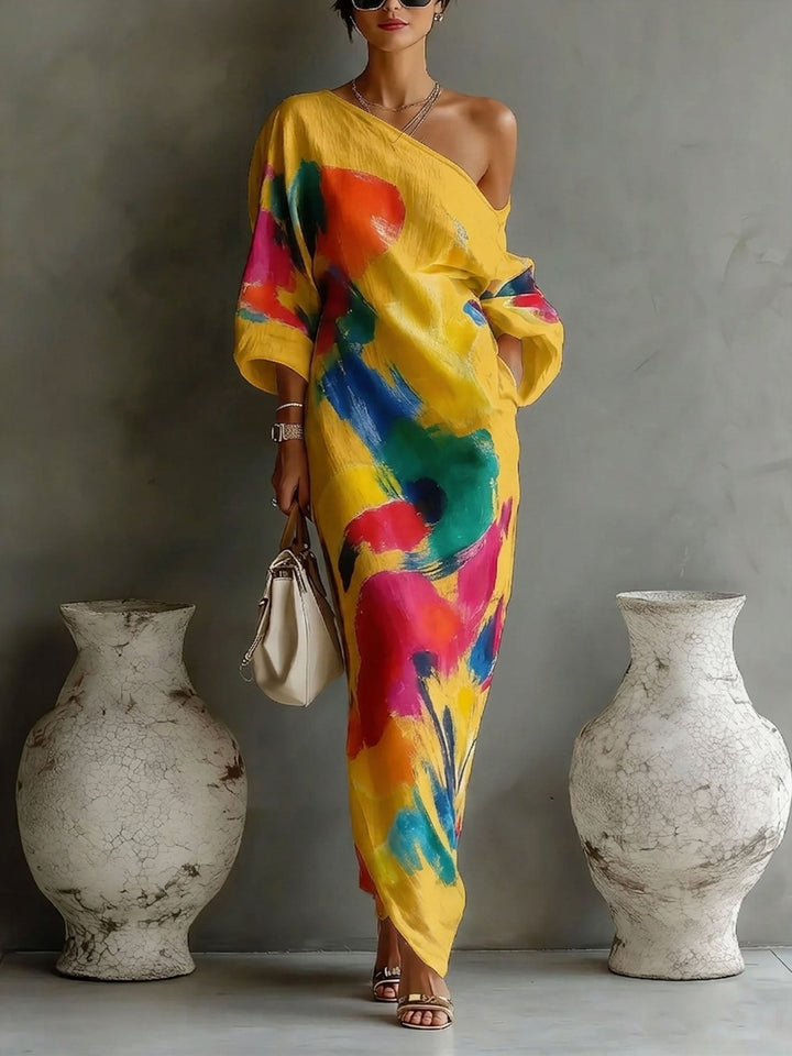 Maxi Dress Abstract Print One Shoulder