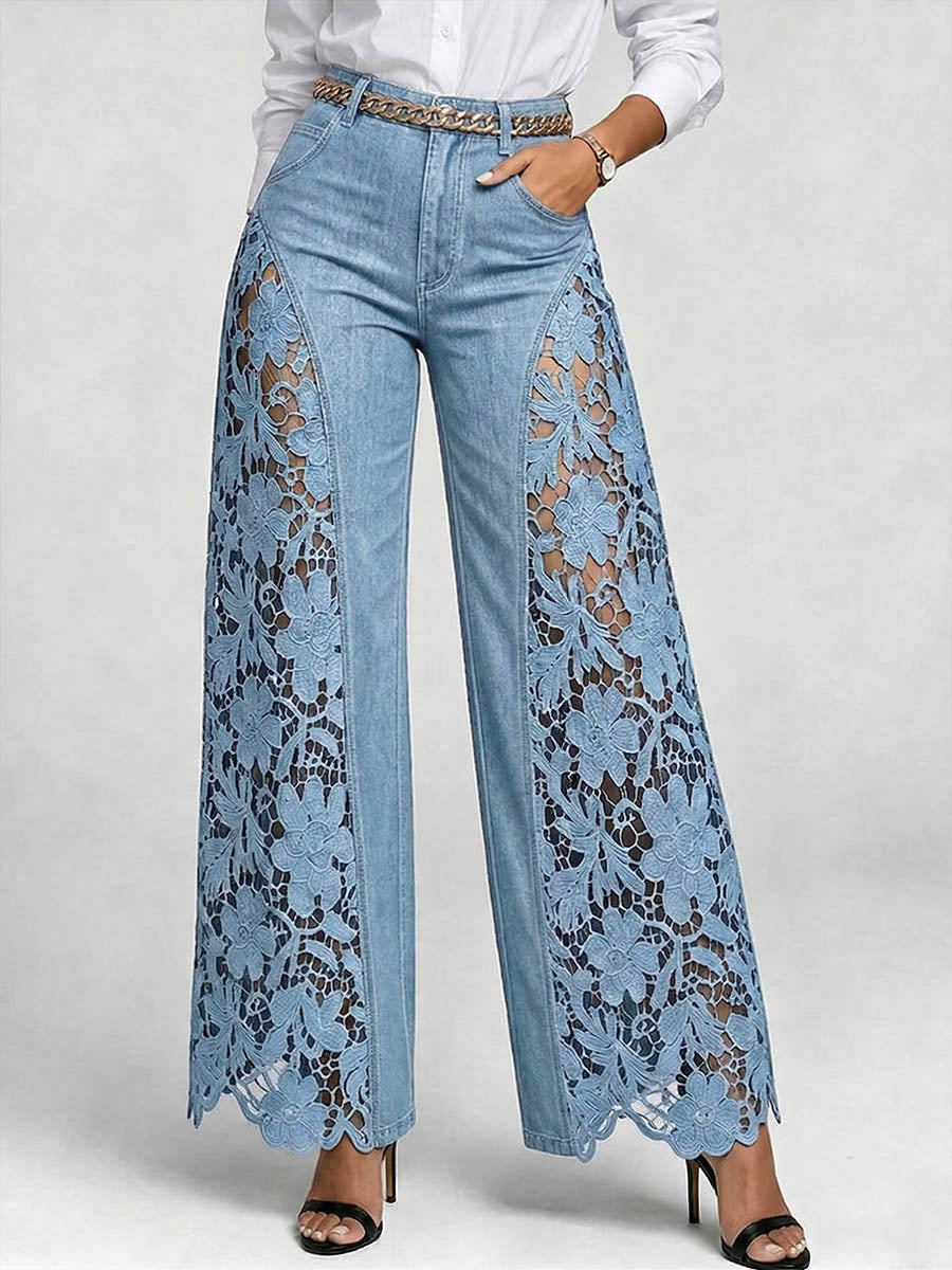 Belinda | Women Lace Inset High Waisted Blue Jeans