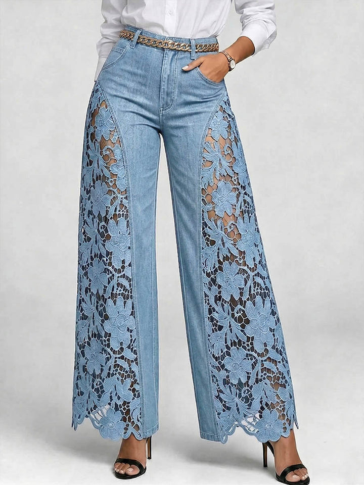 Belinda | Women Lace Inset High Waisted Blue Jeans