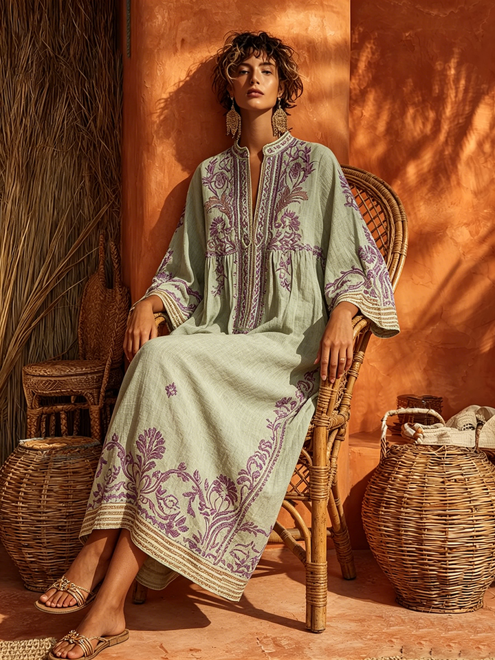 Maxi Dress Floral Embroidery Bell Sleeve