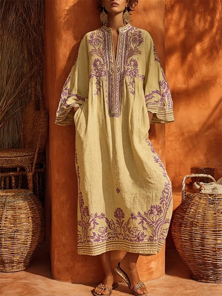Maxi Dress Floral Embroidery Bell Sleeve