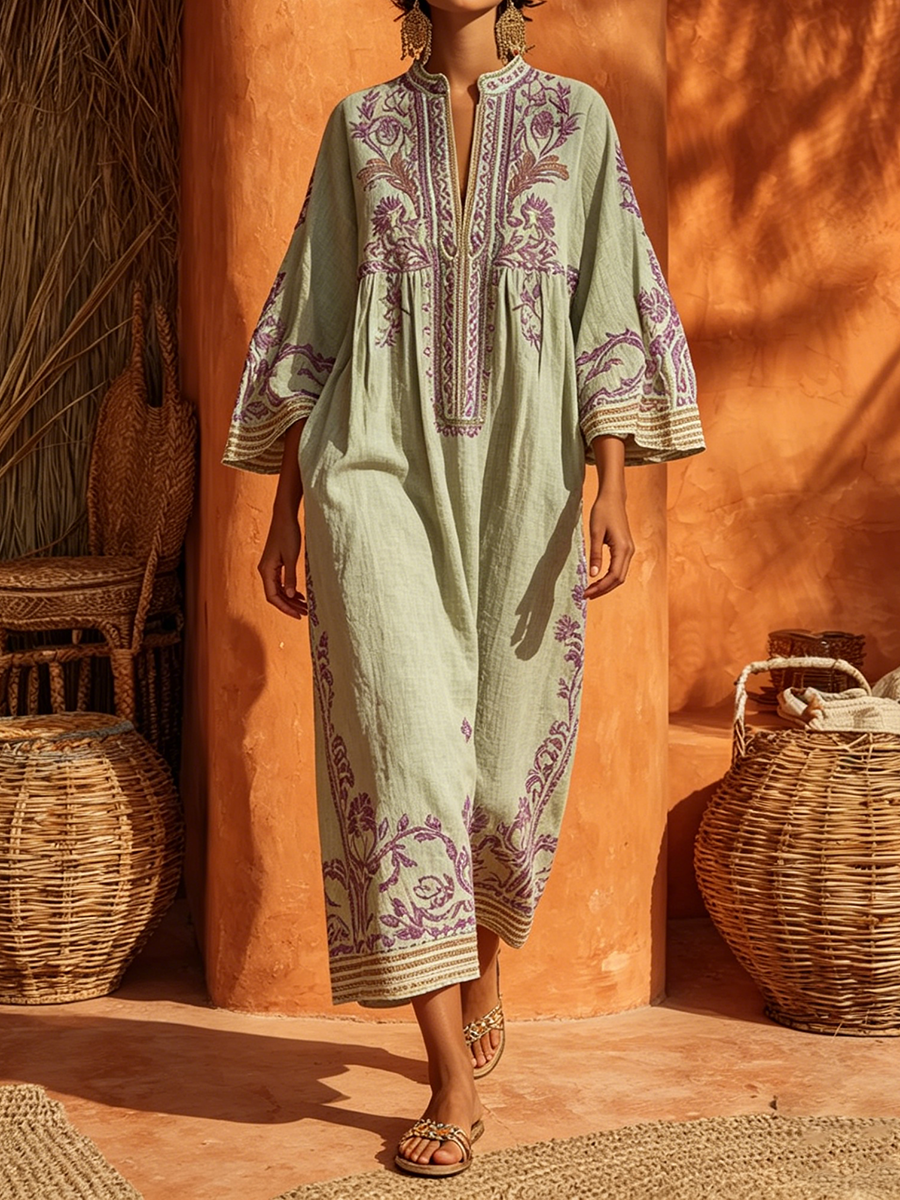 Maxi Dress Floral Embroidery Bell Sleeve