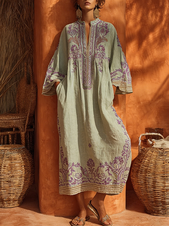 Maxi Dress Floral Embroidery Bell Sleeve