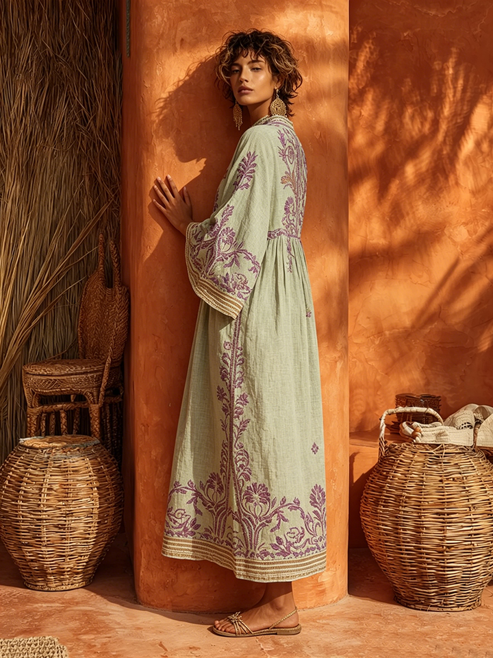 Maxi Dress Floral Embroidery Bell Sleeve
