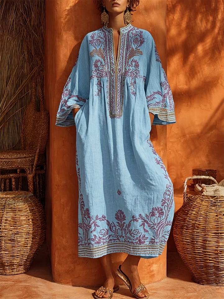 Maxi Dress Floral Embroidery Bell Sleeve
