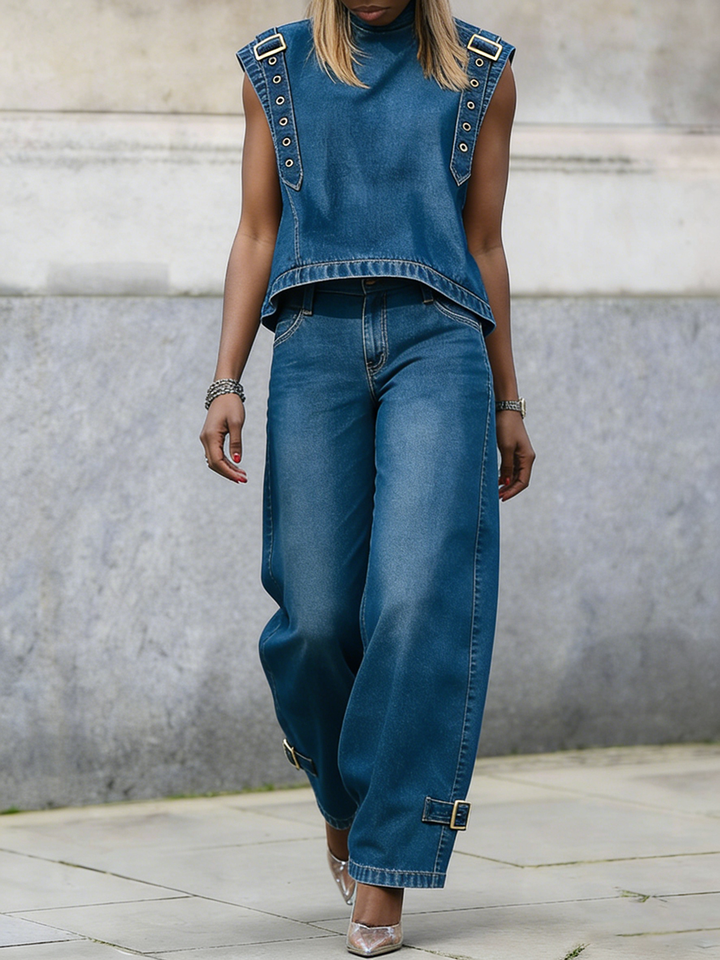 Eugenia | Women Buckle Hem Wide Leg Jeans