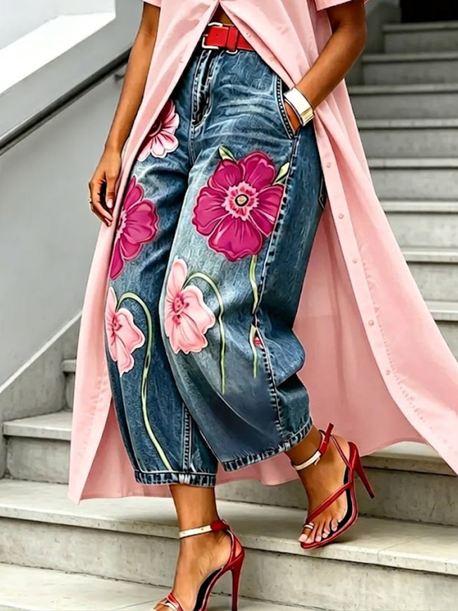 Melinda | Women Floral Barrel High Waisted Blue Jeans