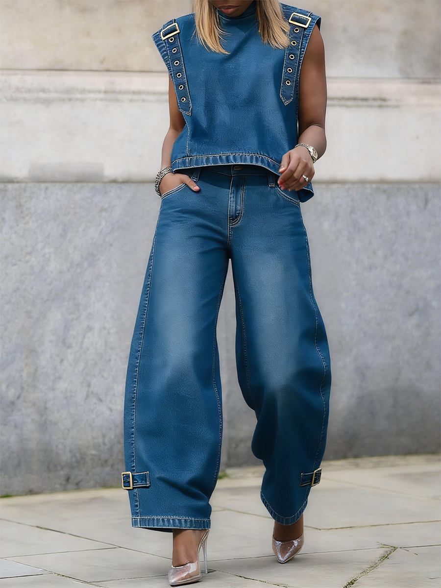 Eugenia | Women Buckle Hem Wide Leg Jeans