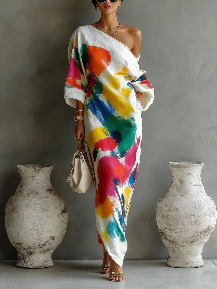 Maxi Dress Abstract Print One Shoulder