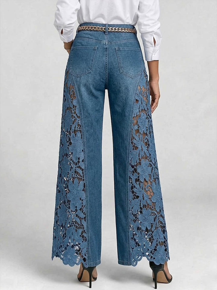 Belinda | Women Lace Inset High Waisted Blue Jeans