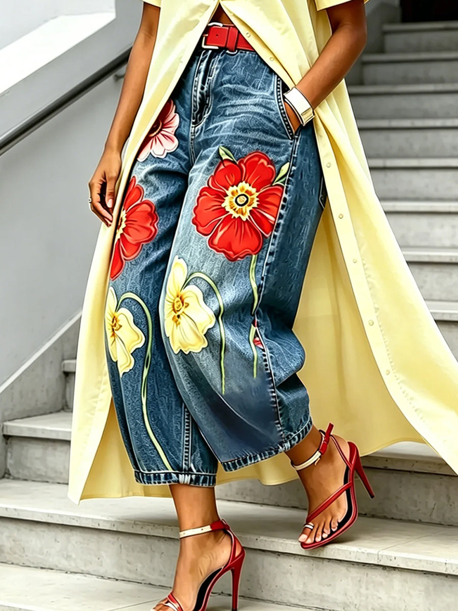 Melinda | Women Floral Barrel High Waisted Blue Jeans