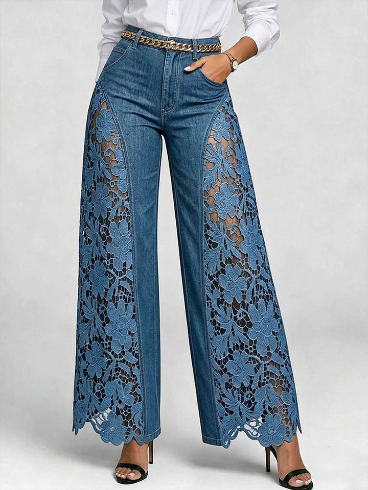 Belinda | Women Lace Inset High Waisted Blue Jeans