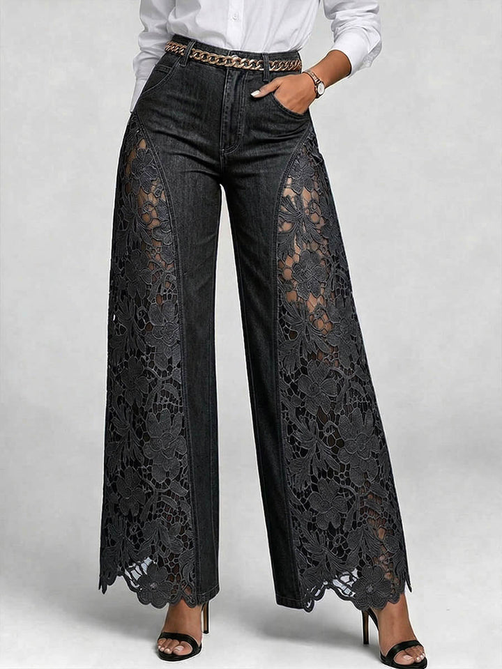 Belinda | Women Lace Inset High Waisted Blue Jeans