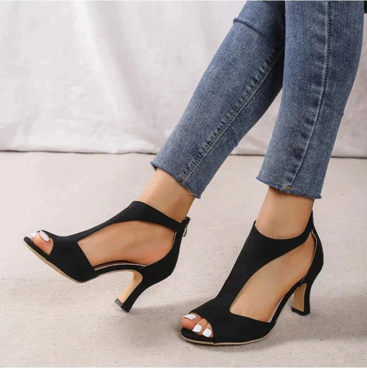 Efa | Women Open Toe T Strap Block Heels
