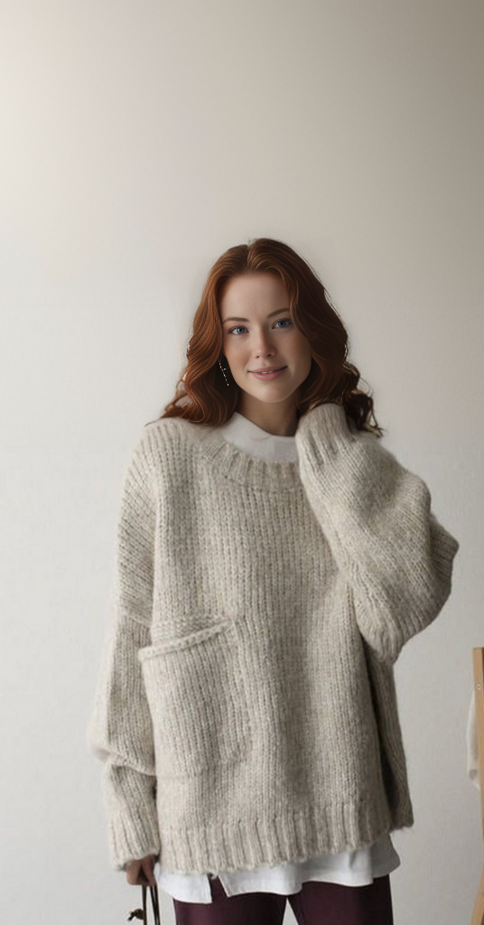 Oaklee | Women's Cream Chunky Knit Drop Shoulder Pocket Sweater