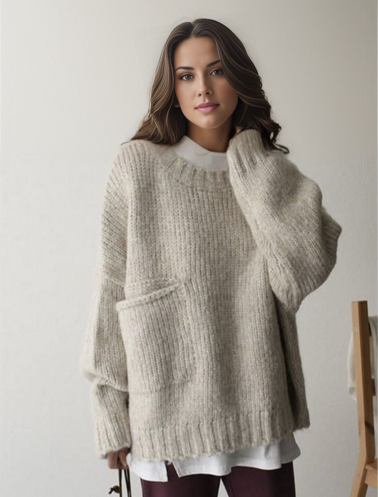 Oaklee | Women's Cream Chunky Knit Drop Shoulder Pocket Sweater