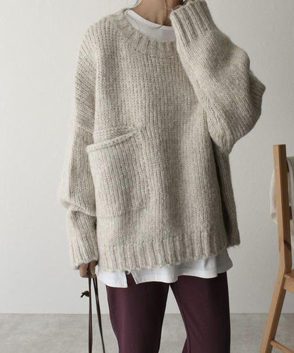 Oaklee | Women's Cream Chunky Knit Drop Shoulder Pocket Sweater