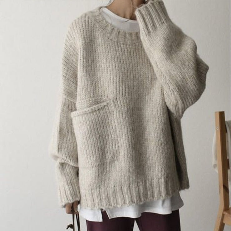 Oaklee | Women's Cream Chunky Knit Drop Shoulder Pocket Sweater