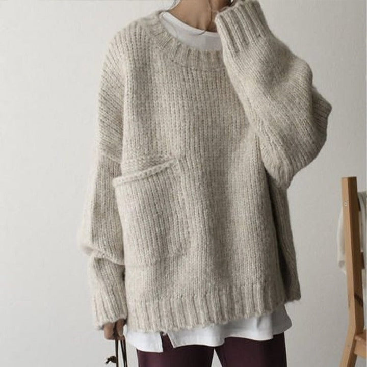 Oaklee | Women's Cream Chunky Knit Drop Shoulder Pocket Sweater